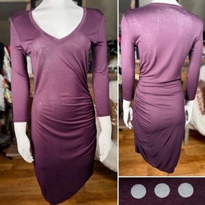 Three Dots Merlot 3/4 Sleeve V-neck Asymmetrical Long Sleeve Dress, Szs XS & M